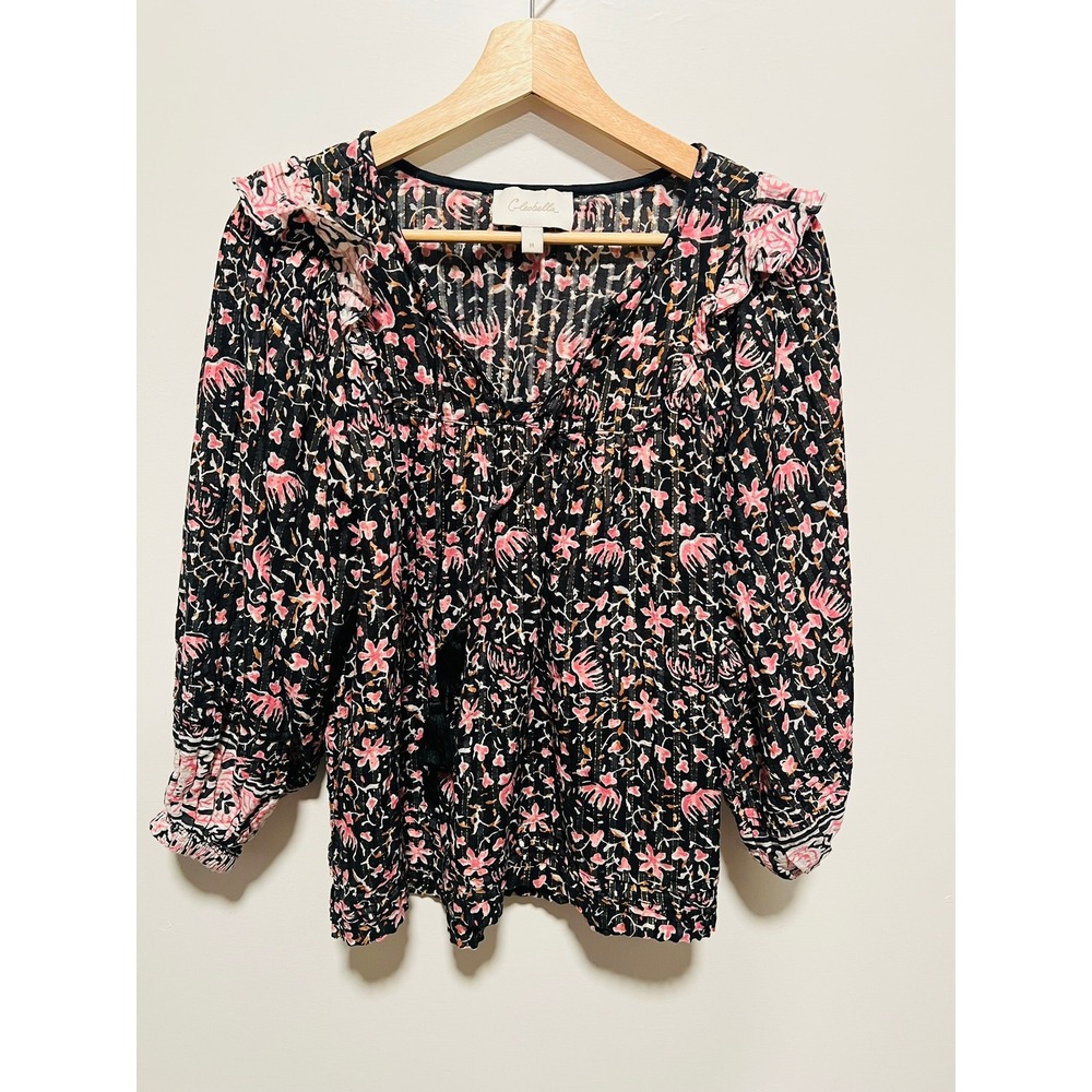 Cleobella Brynlee Blouse Organic Cotton Floral Metallic Pink Black M 050